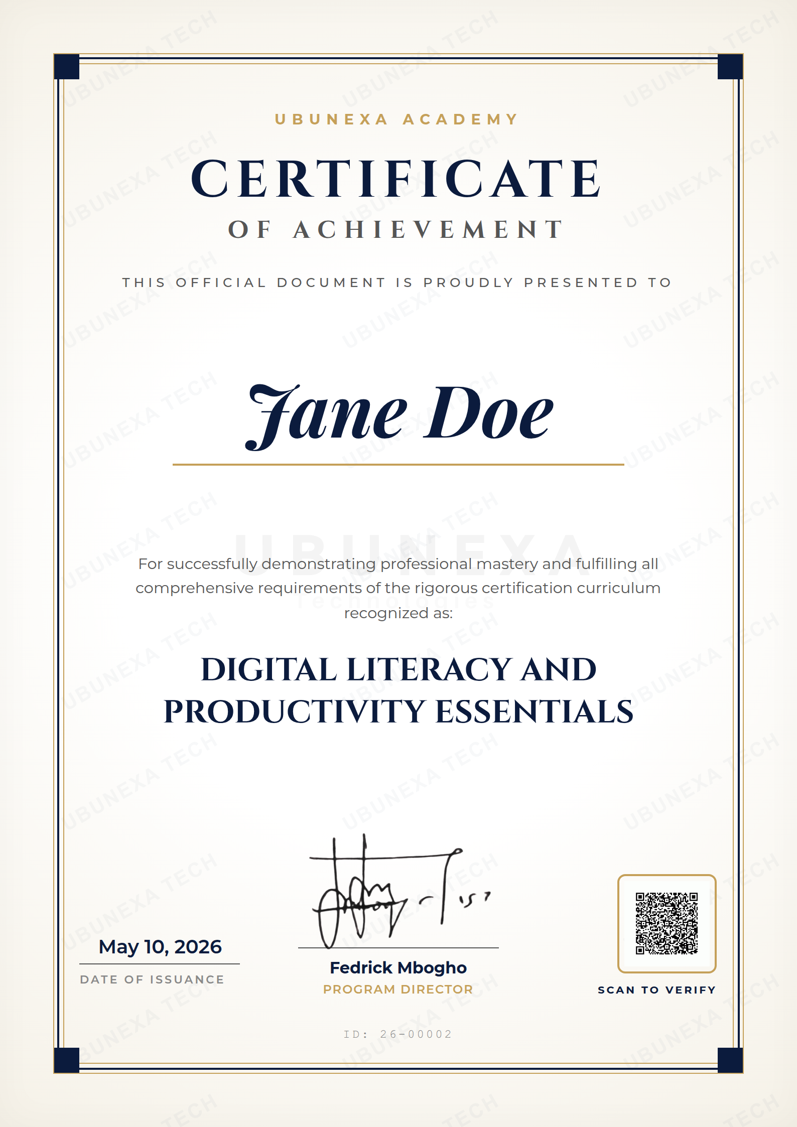 Ubunexa Master Certificate Mockup